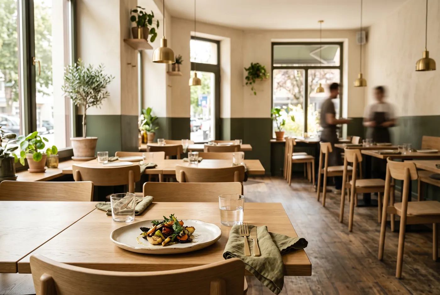 Interior de restaurante con mesas preparadas para el servicio