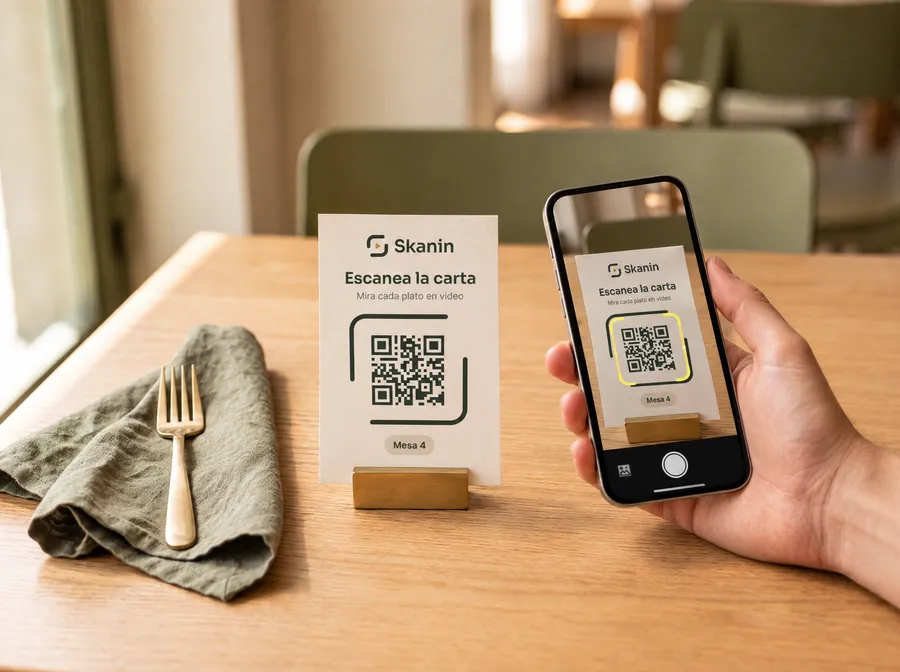 Un cliente escanea el código QR de Skanin sobre una mesa